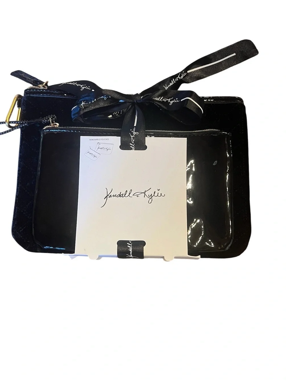 Kendall & Kylie Black Patent Cosmetic Pouch Duo with Gold Logo New